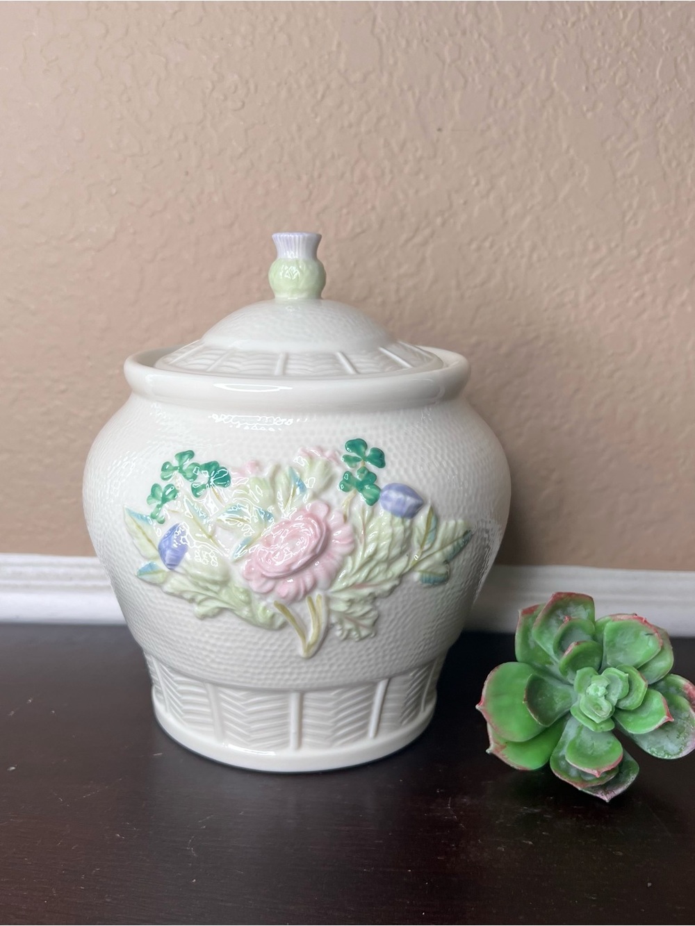 Vintage Belleek Ireland Killarney Rose Biscuit Barrel, Irish Cookie Jar With Lid